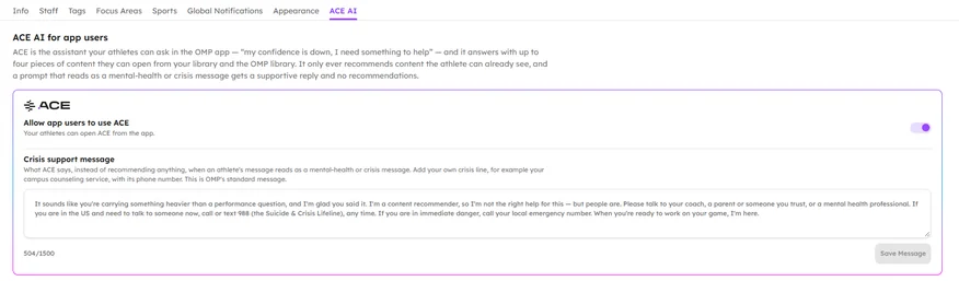 The ACE AI tab in My Organization, with the switch that lets app users use ACE and the crisis support message field