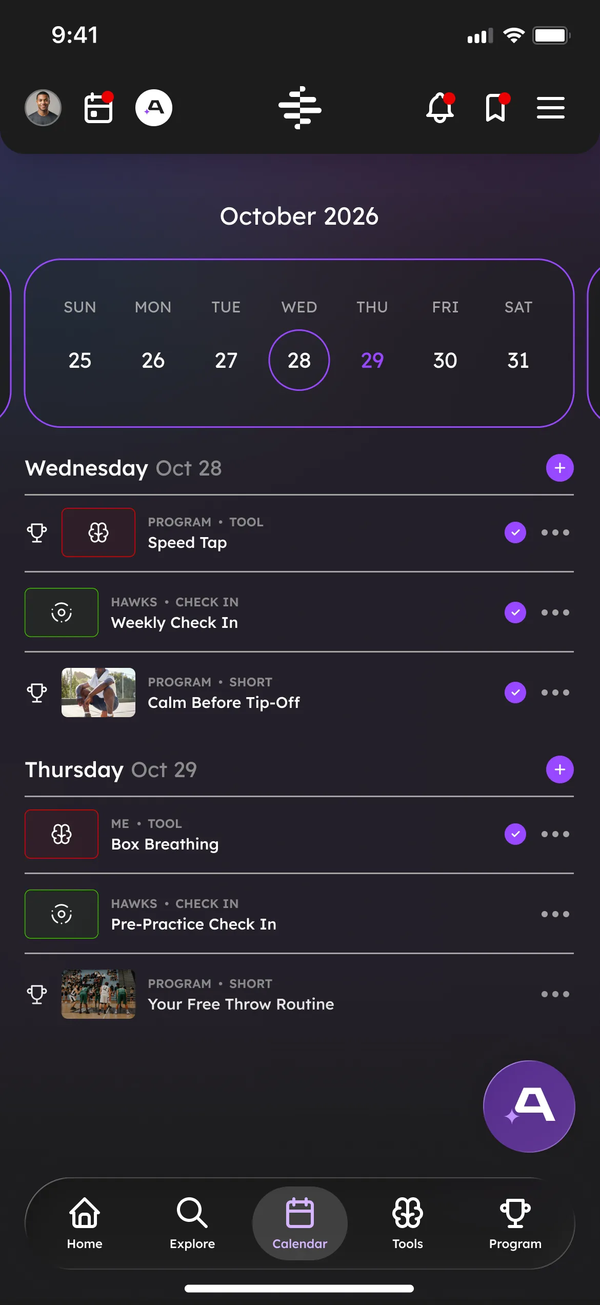 The OMP app calendar