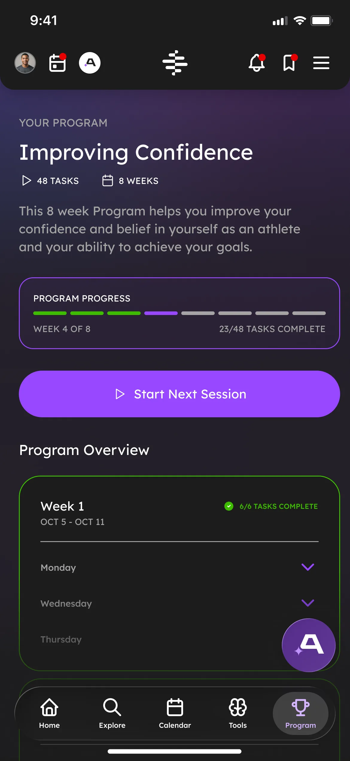 The OMP app showing a program