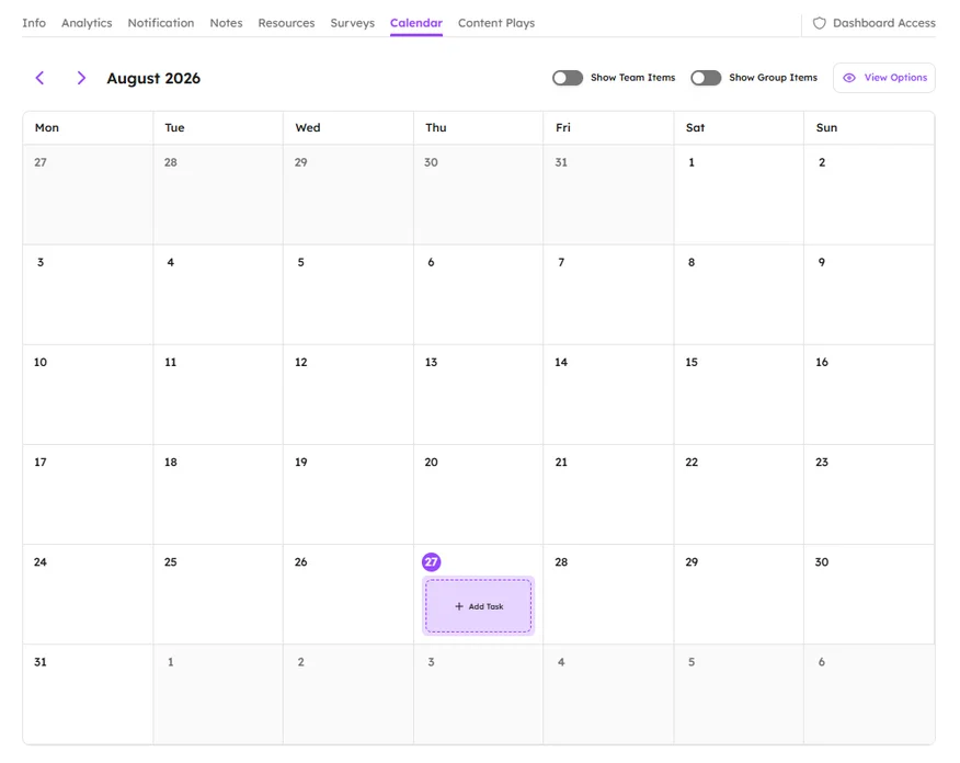 The Calendar tab of a profile, with an Add Task button on the selected date