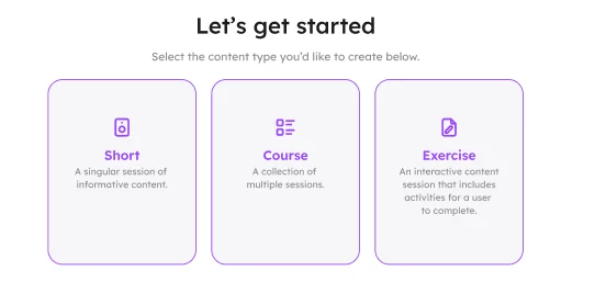 The content type picker with Short, Course and Exercise