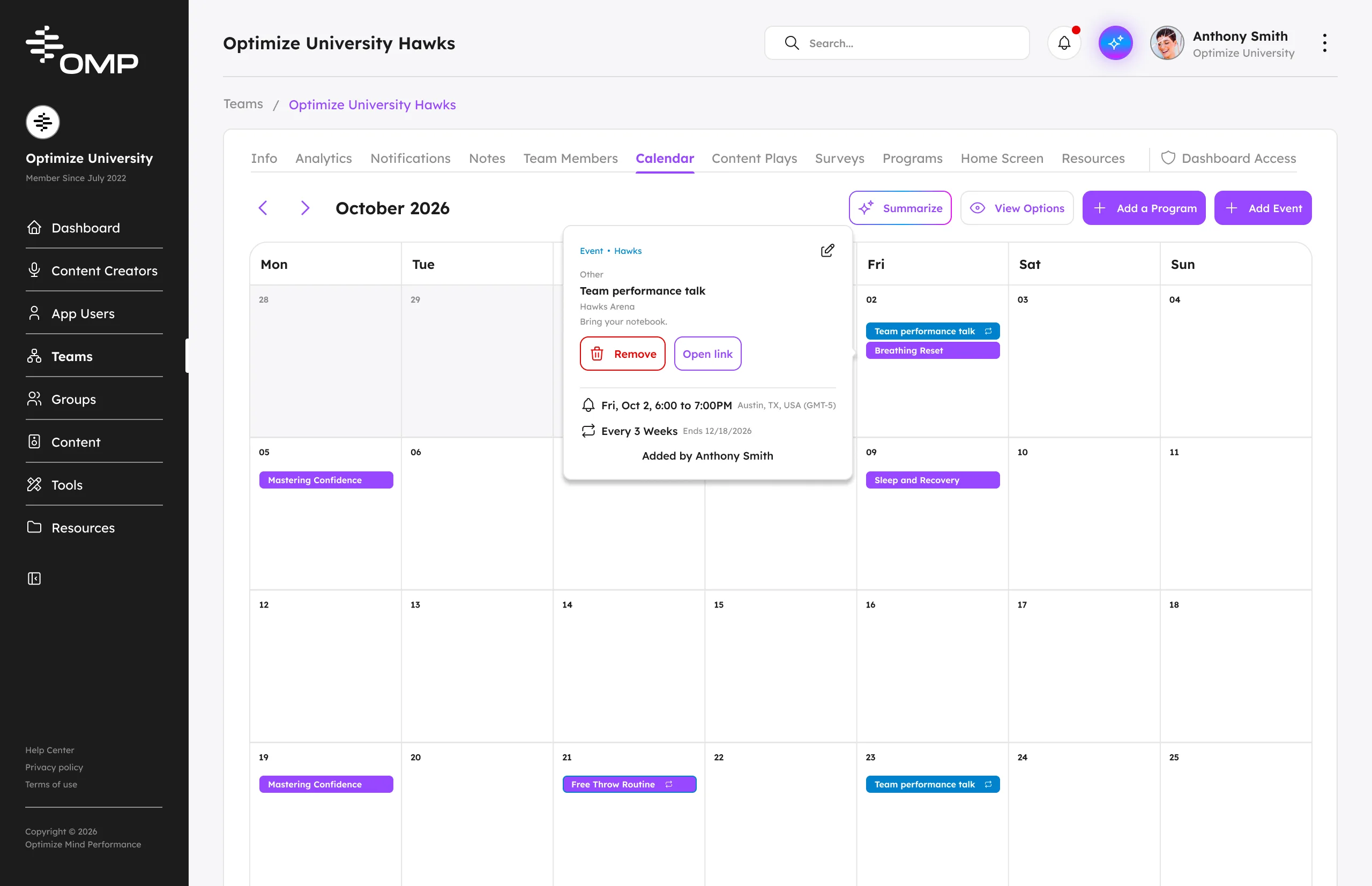 The OMP dashboard team calendar