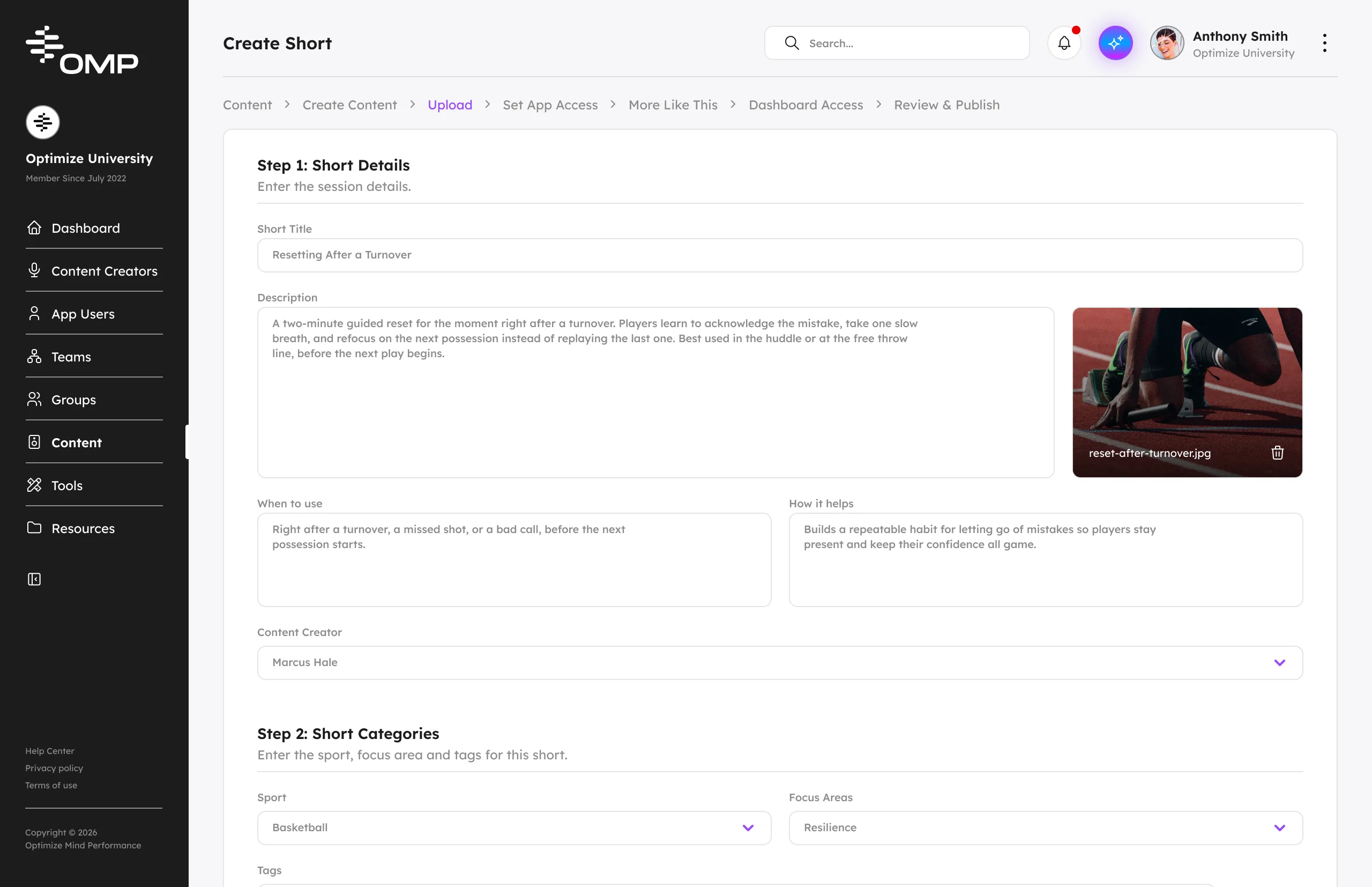 The OMP dashboard content creation screen