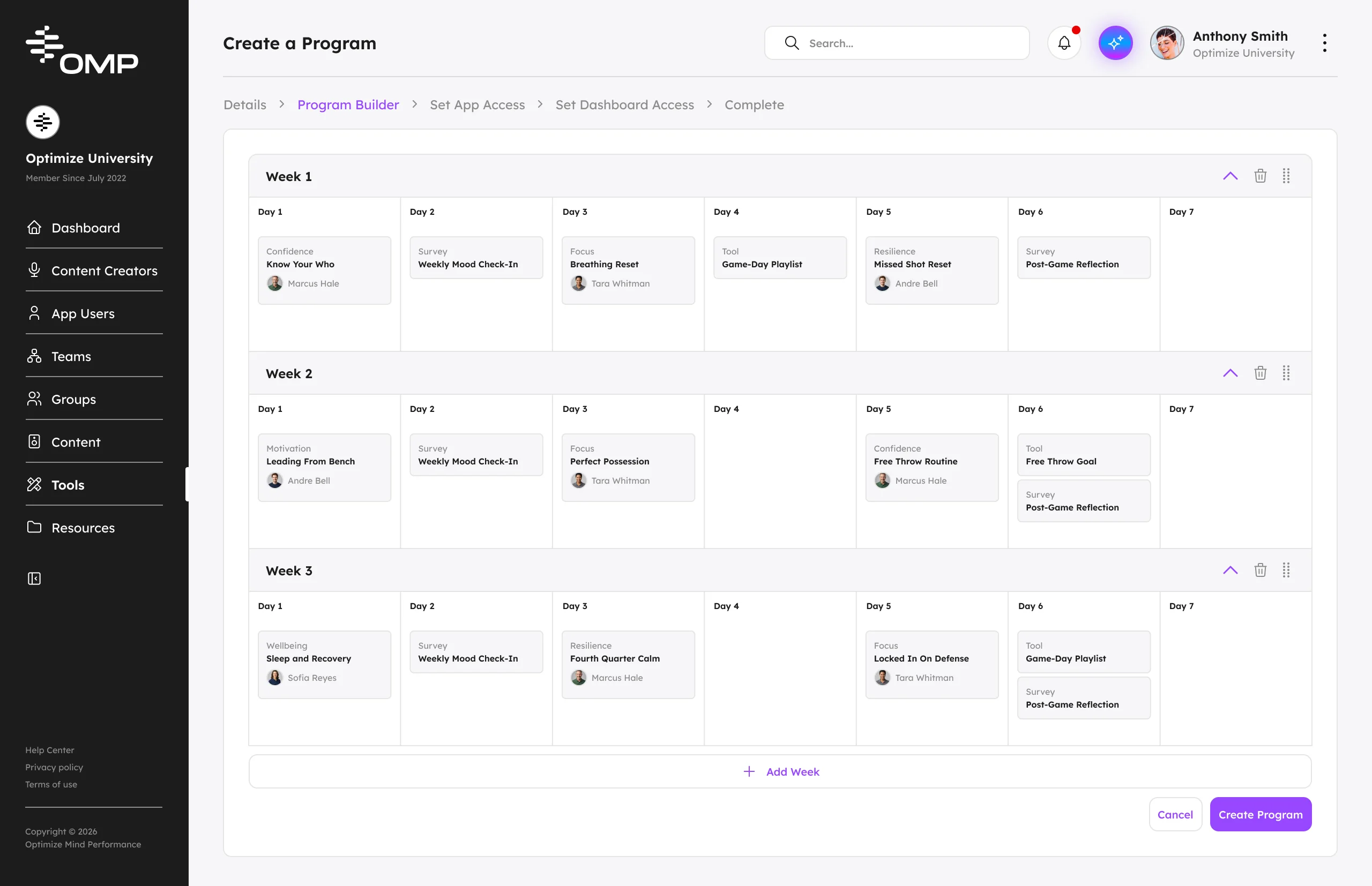 The OMP dashboard program builder