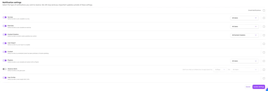 Notification settings in the Dashboard: a toggle and an audience selector for each type of notification