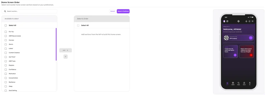 The Home Screen builder: sections to choose from, the chosen order and a phone preview