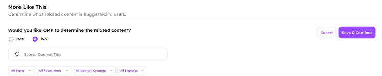 The More Like This step, asking whether OMP should choose the related content
