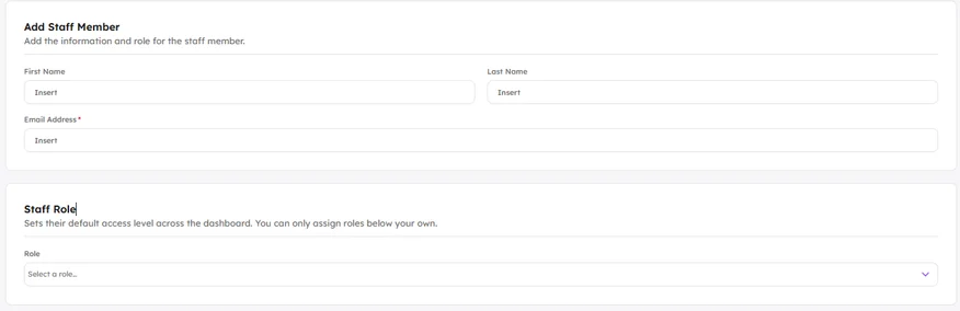 The Add Staff Member form: first name, last name, email address and a Staff Role selector