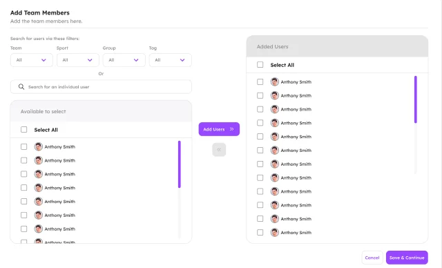 The Add Team Members step: a search for users and an Added Users list