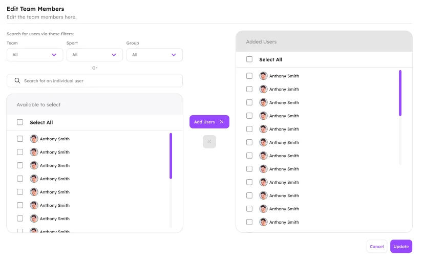 The Edit Team Members screen with available users on the left and added users on the right